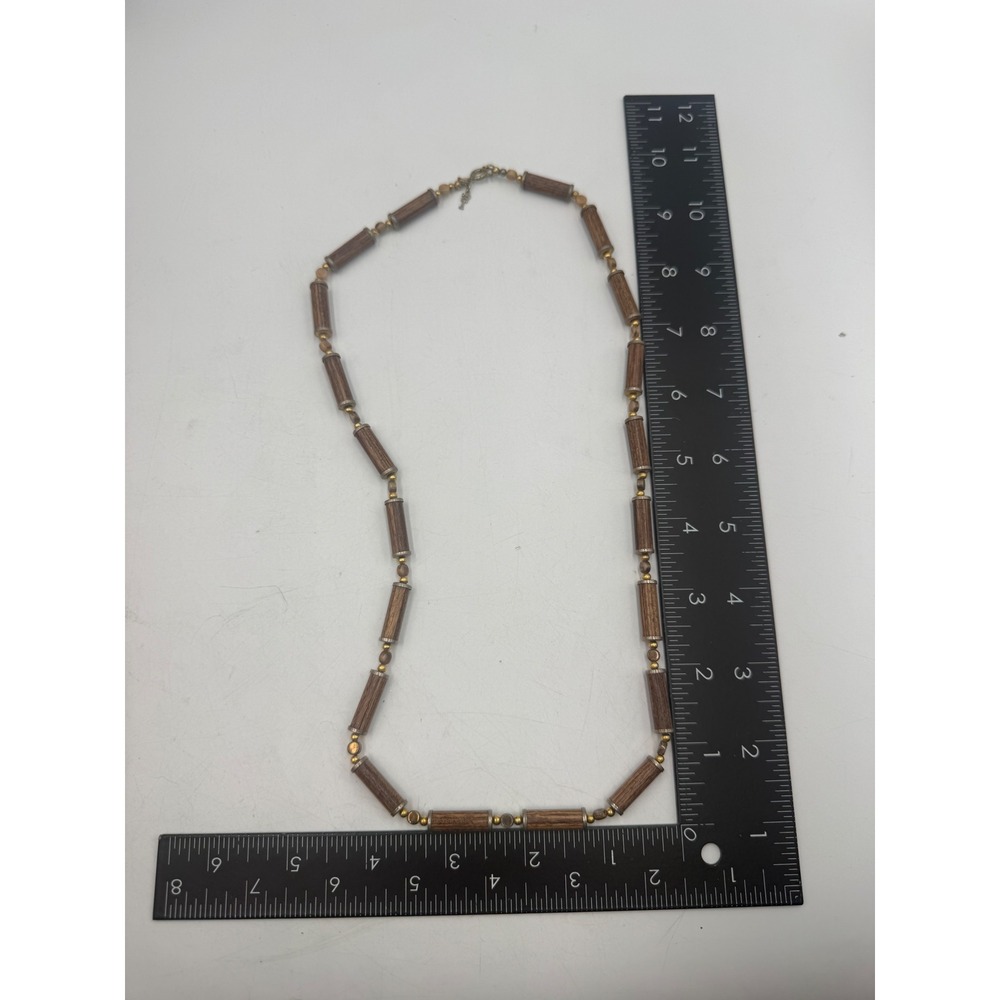 Vintage Trifari Wood Tube Bead Necklace Gold Tone Mixed Metal Earthy Boho 22" - Picture 2 of 4